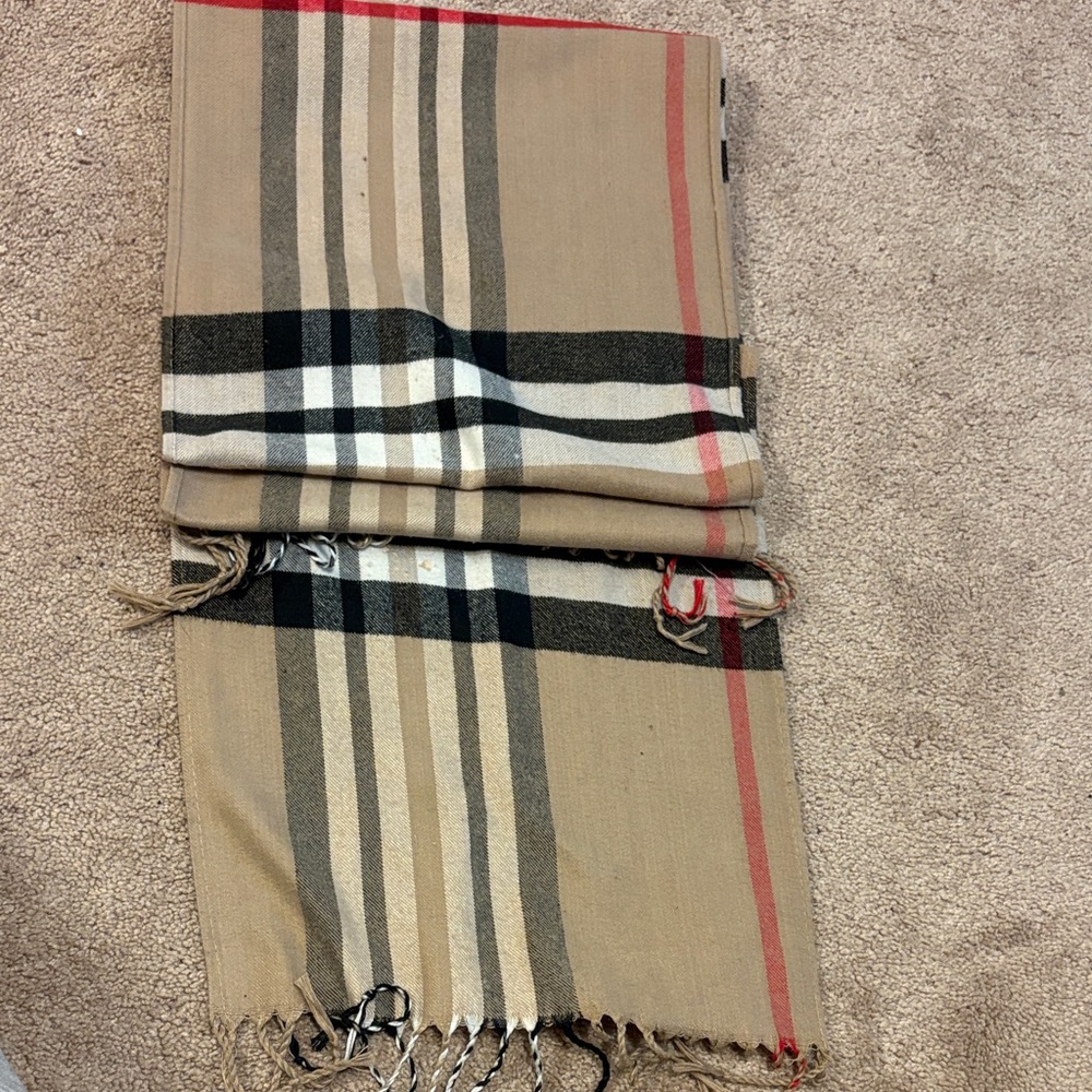 Burberry Beige Plaid Scarf with Fringe
